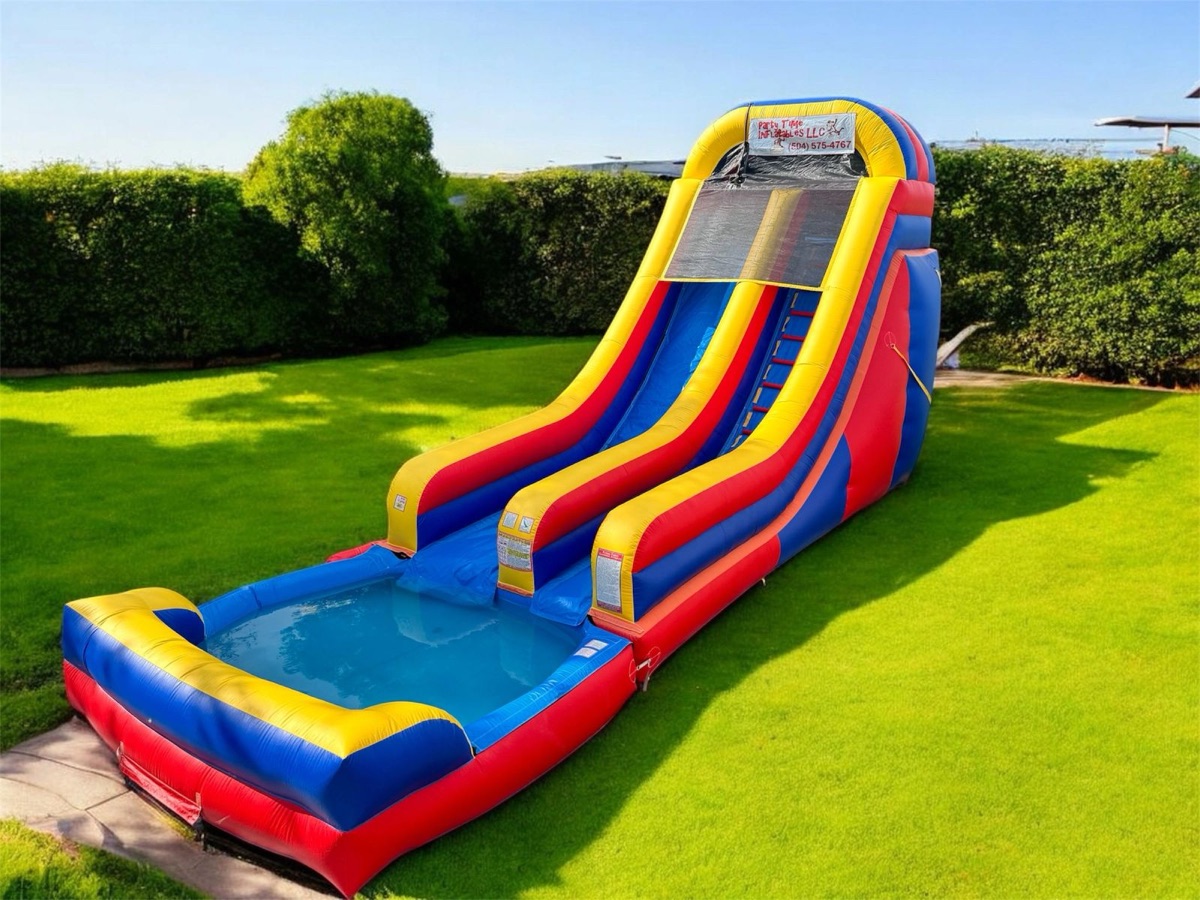 Colorful single lane arch water slide with splash pool